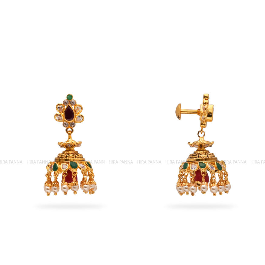 LeOvs Small Golden Jhumka Earrings with Multicolour Beads